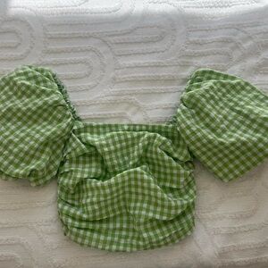 Green Gingham Puff Sleeve Top